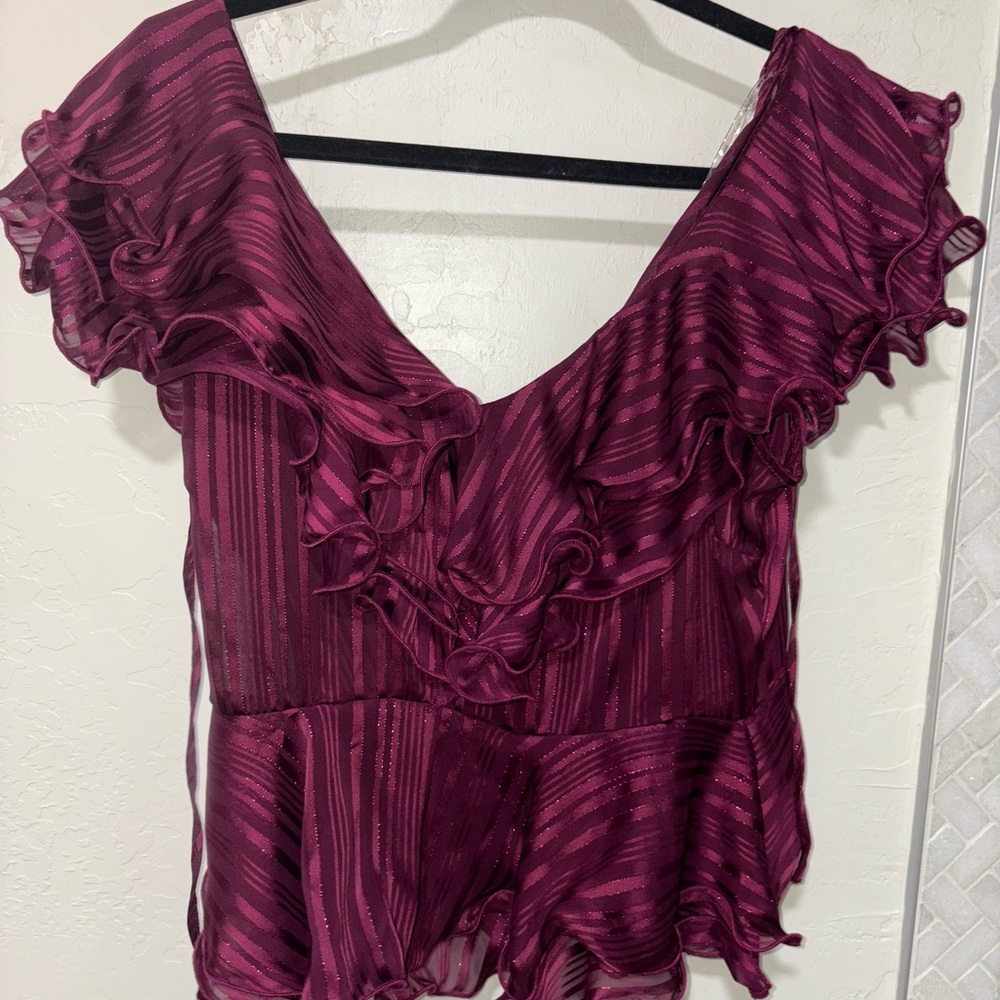 Red Asymmetrical Ruffled Blouse with Flutter Sleeves
